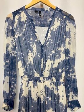 Mango Womenʻs Floaty Blue Tiered Bohemian Long Sleeve Maxi Summer Dress Size 4